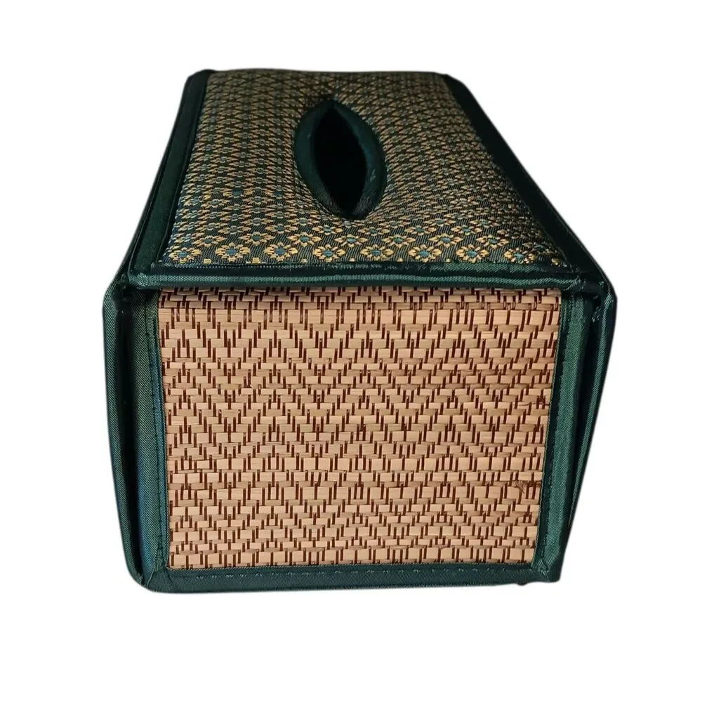 Handmade Woven Reed Tissue Box Holder Blue Green Brown Gold Rectangle Bohemian